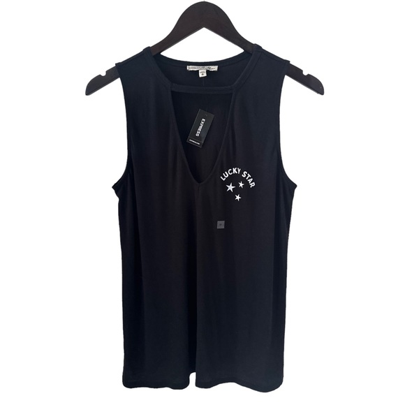 Express Black Cutout Front Lucky Star Graphic Print Tank Top Size Medium - Picture 2 of 6